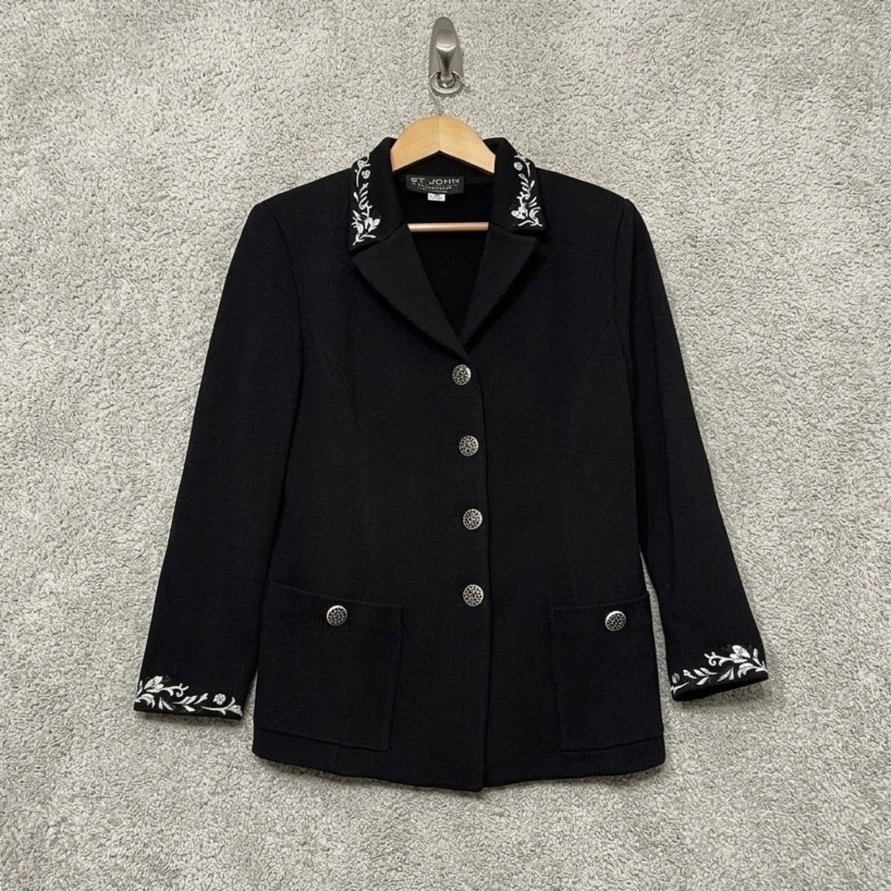 St John Collection Marie Gray Black Santana Knit Blazer Embroidered Floral 10
